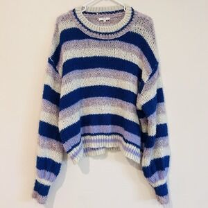 Easel Striped Sweater Sz M Cotton Wool Blend Balloon Sleeve Boxy Purple Pullover